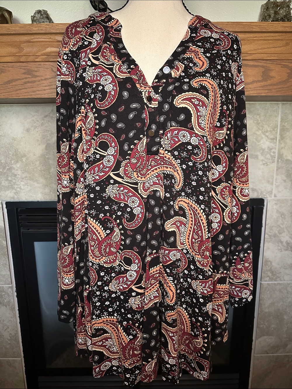 Boho Long Sleeve Top Black & Red Paisley Print Blouse Plus Size 18 20